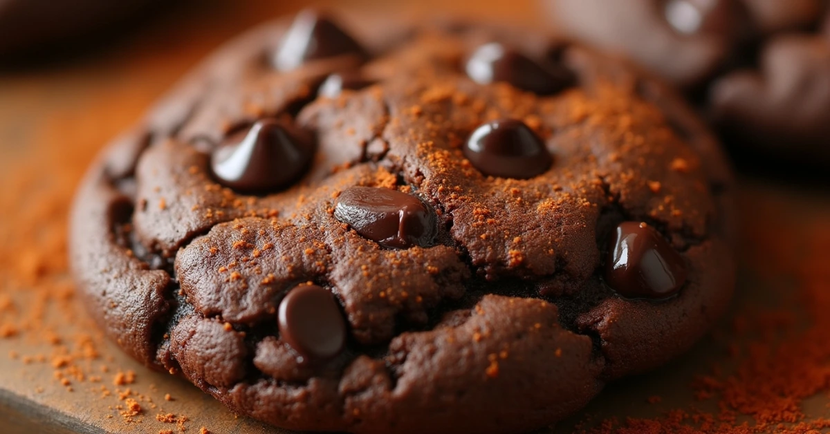 Close-up of a dark chocolate cayenne cookie.