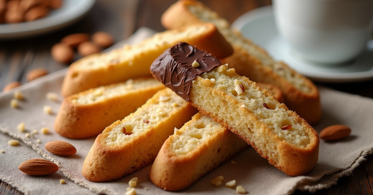 Crisp Italian almond biscotti arranged with espresso cup