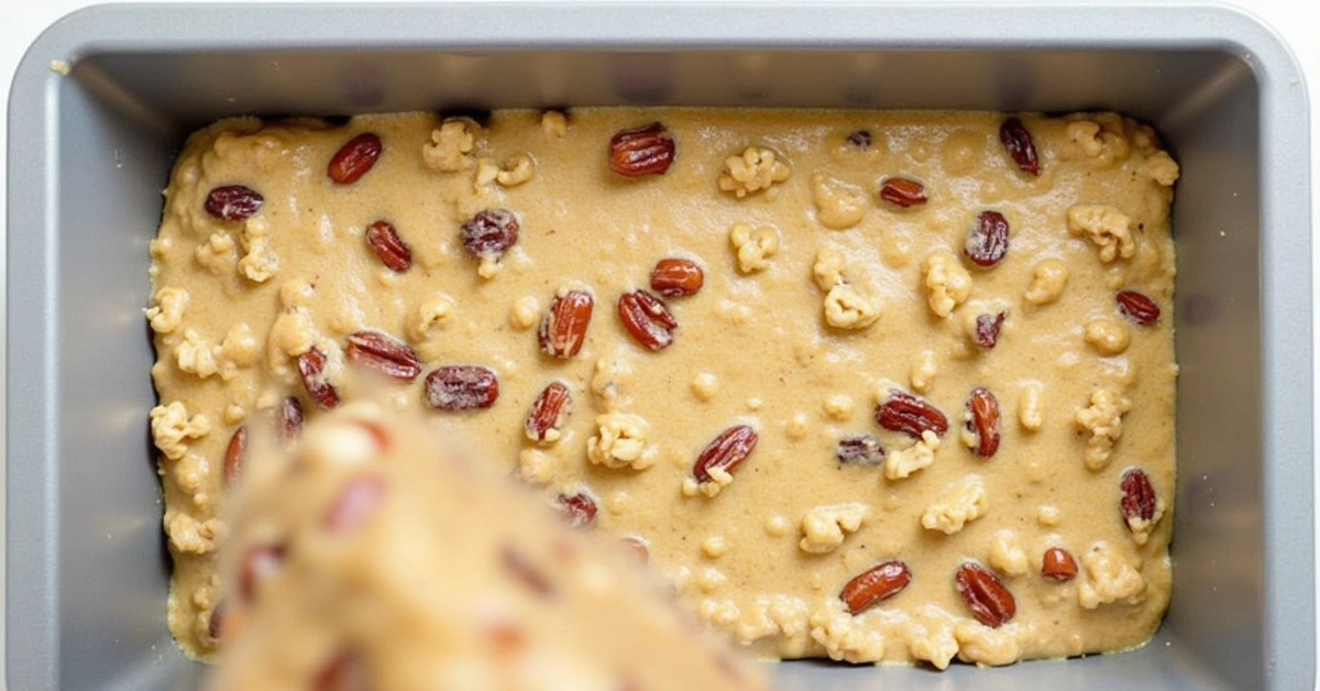 Date nut bread batter being poured into greased pan