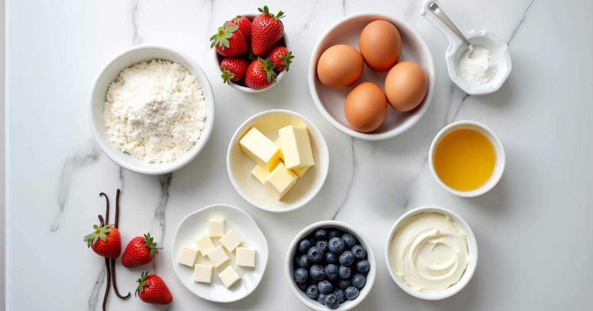 Ingredients for a Chantilly cake, including flour, butter, eggs, strawberries, blueberries, vanilla, and cream