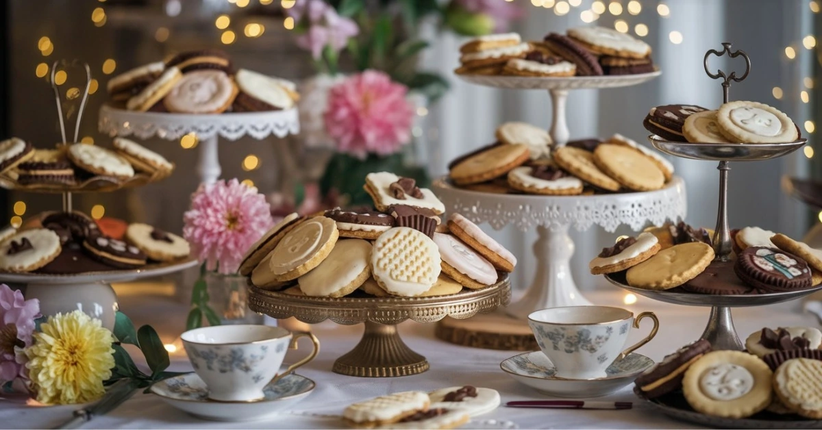 Elegant multi-level cookie display with tea and flowers.