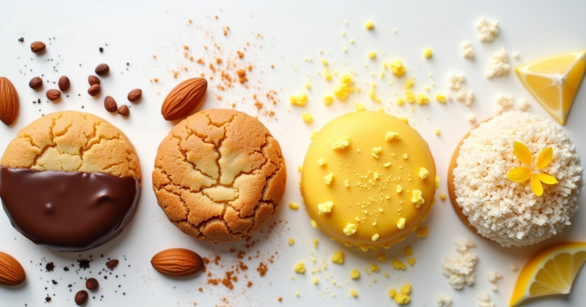 Four unique almond cookie variations with matching ingredients