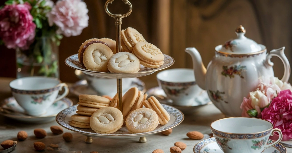 Elegant tea service display featuring assorted almond cookies