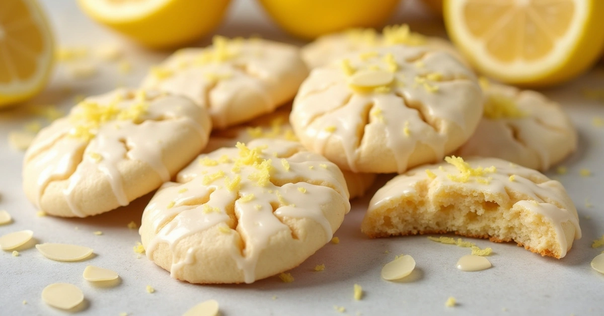 Glazed lemon almond cookies with fresh zest garnish