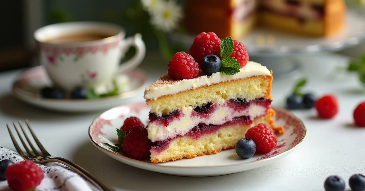 Slice of Berry Chantilly Cake with fresh berries on a plate.