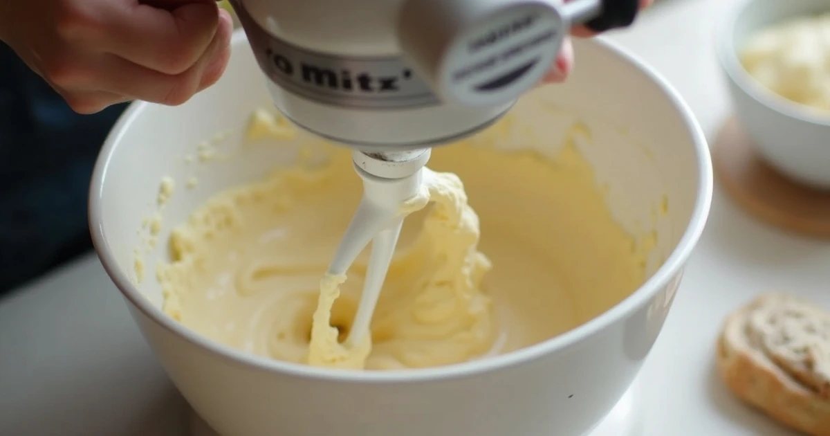 Mixing Chantilly cake batter with a stand mixer.