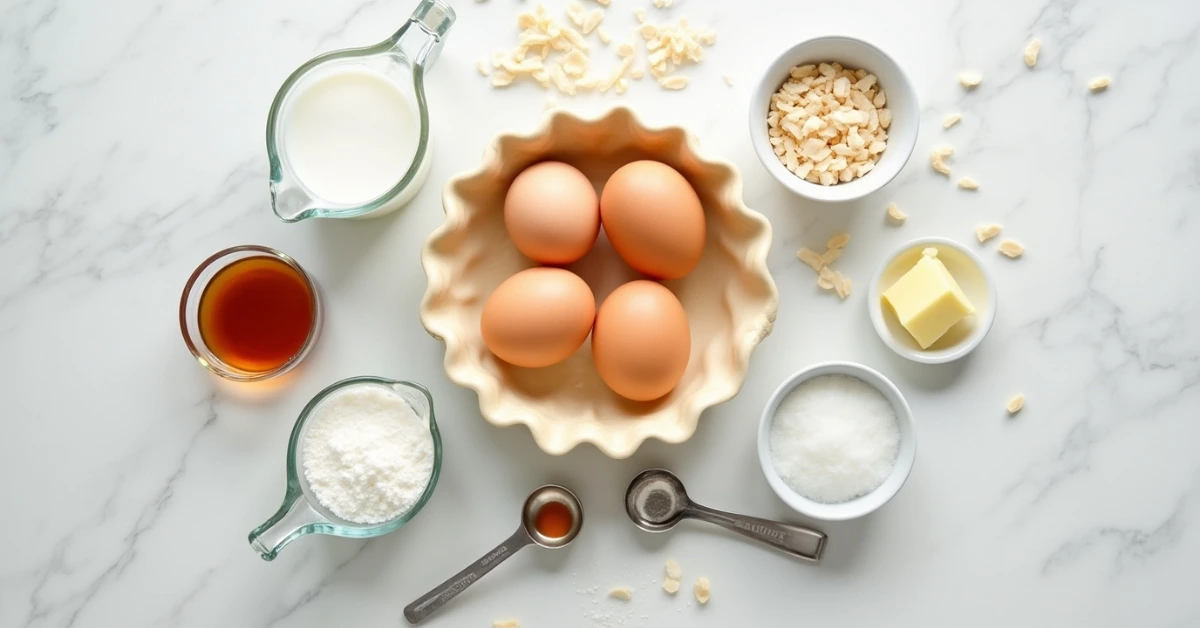 Artfully arranged ingredients for authentic coconut custard pie recipe, including fresh eggs, coconut milk, and shredded coconut