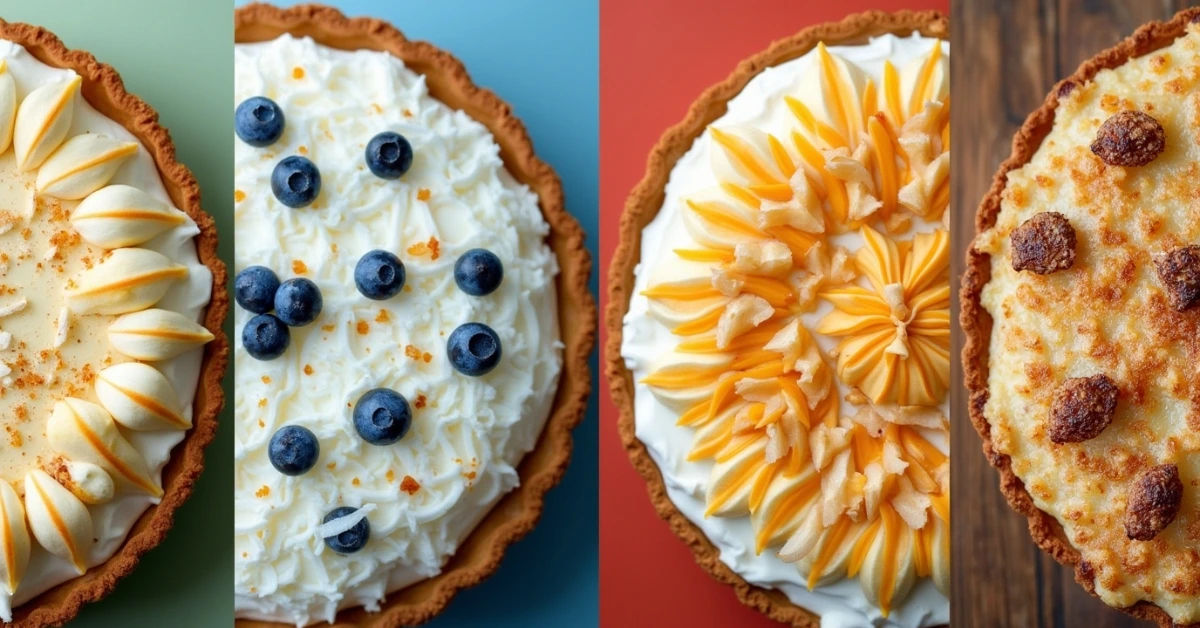 Four unique presentations of coconut custard pie recipe showcasing seasonal adaptations