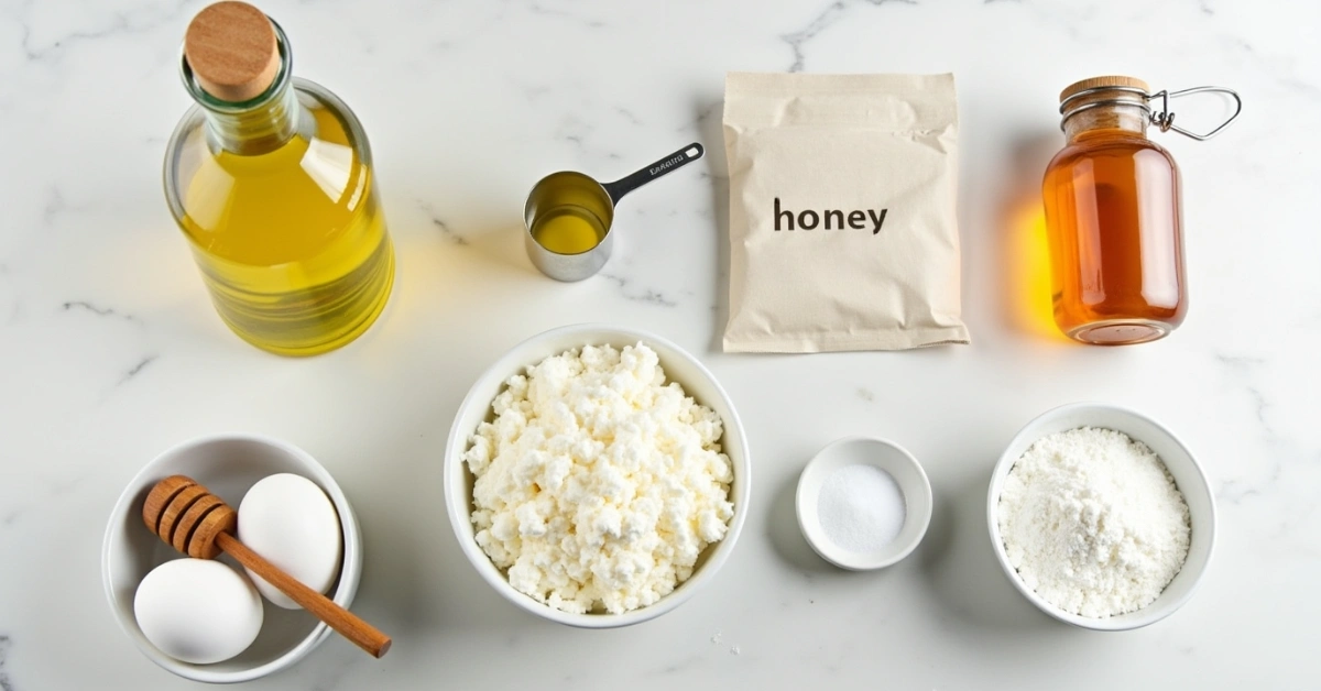 Ingredients for cottage cheese bread recipe arranged on marble counter