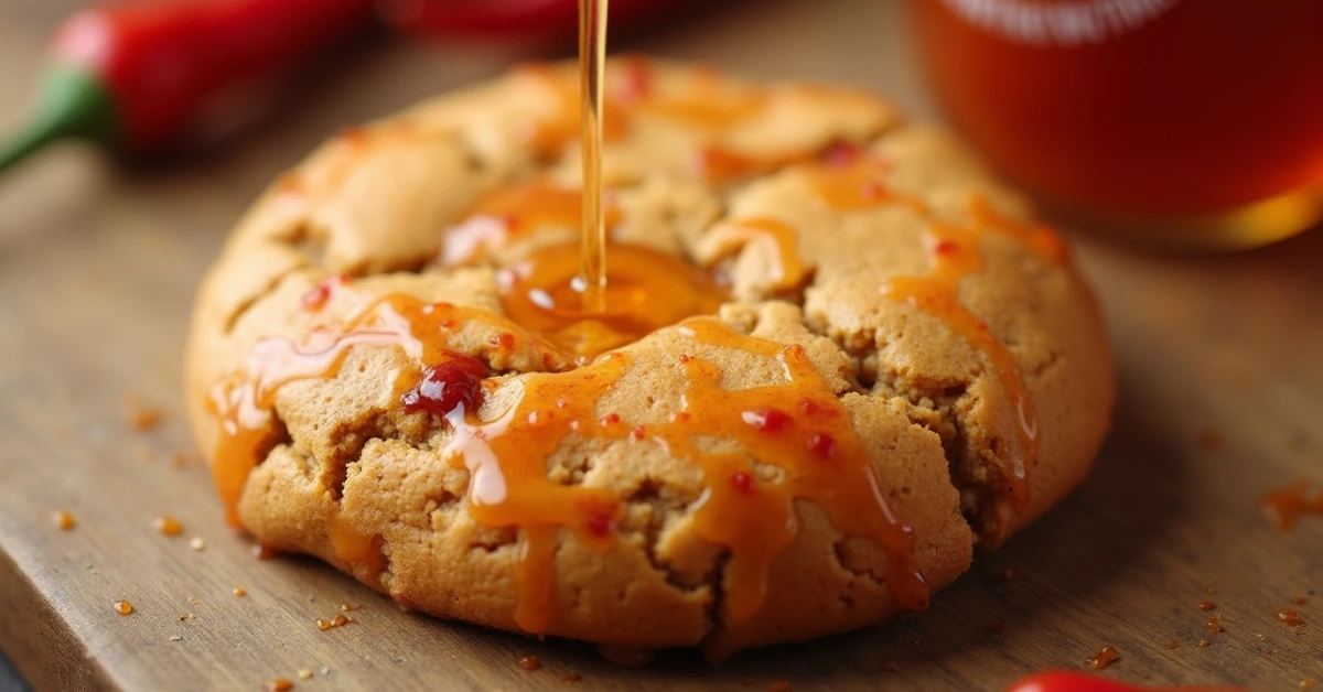 Amber honey Sriracha cookie with a glossy crackled surface. 