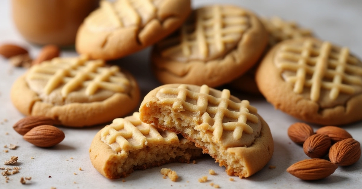 Soft almond butter cookies with criss-cross pattern and nuts