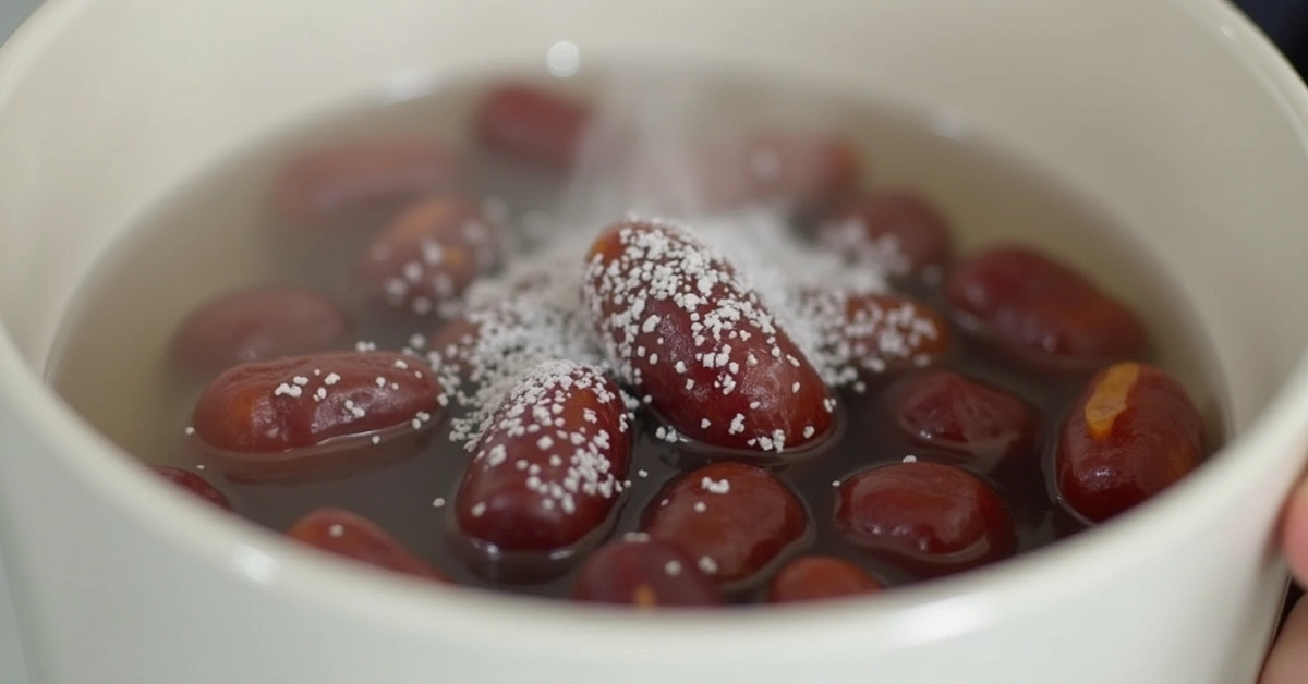 Chopped dates being covered with steaming water in bowl