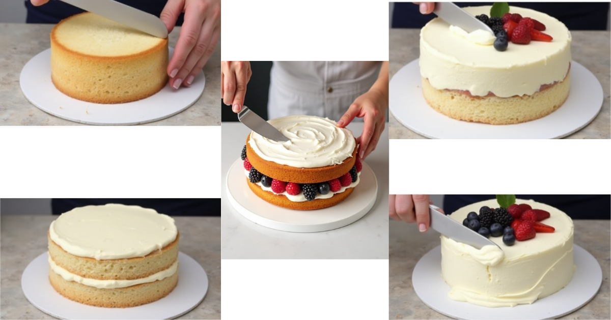 Step-by-step process of assembling and frosting a Chantilly cake with layers of sponge, cream, and fresh berries