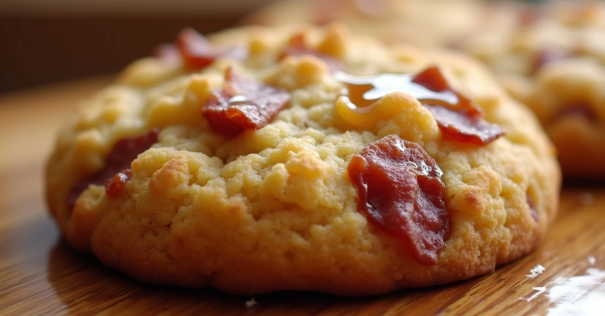 Golden-brown bacon cookie with maple drizzle.