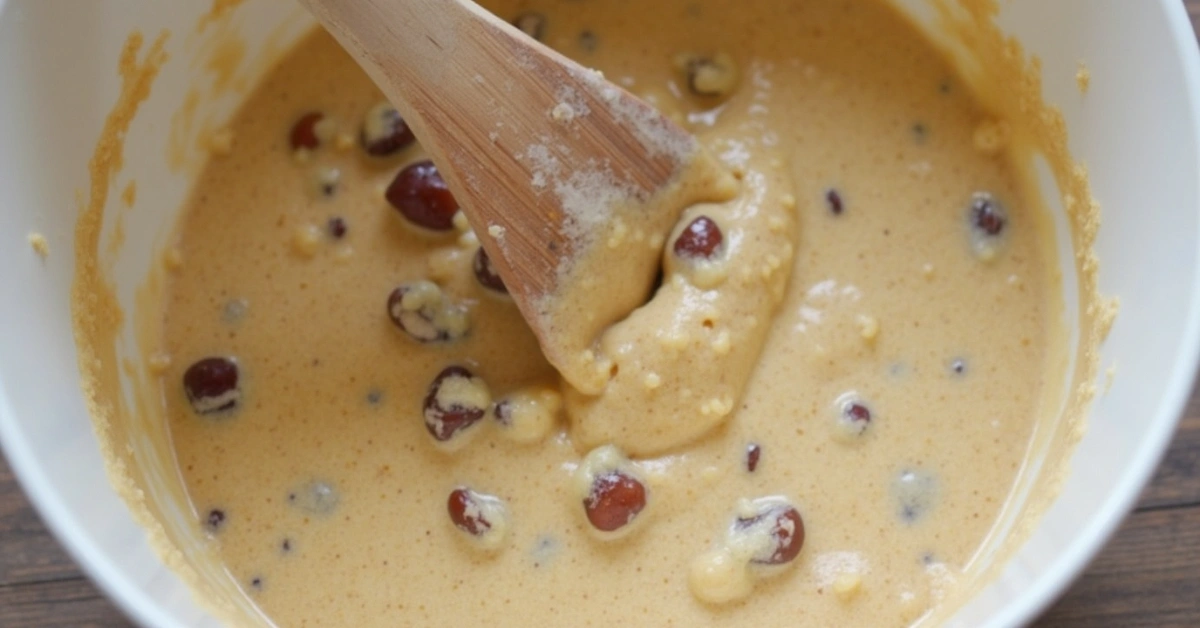 Wooden spoon mixing date nut bread batter in large bowl