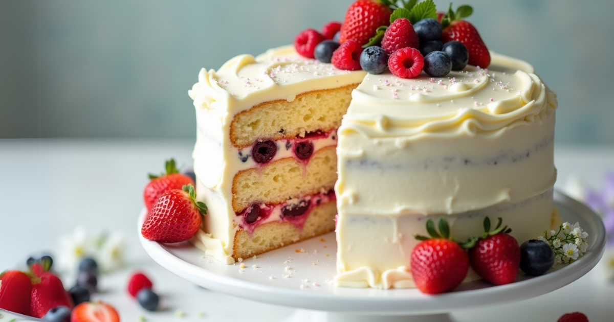 Chantilly cake with layers of vanilla sponge, berry filling, and whipped frosting, topped with fresh berries