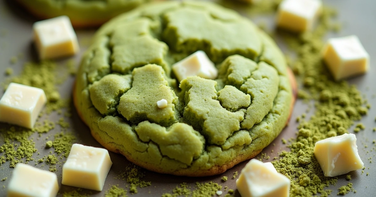 Bright green matcha cookie with white chocolate chunks.