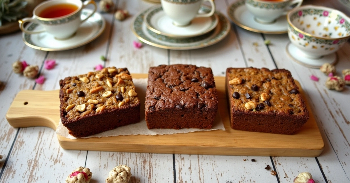 Three date bread variations displayed with tea service