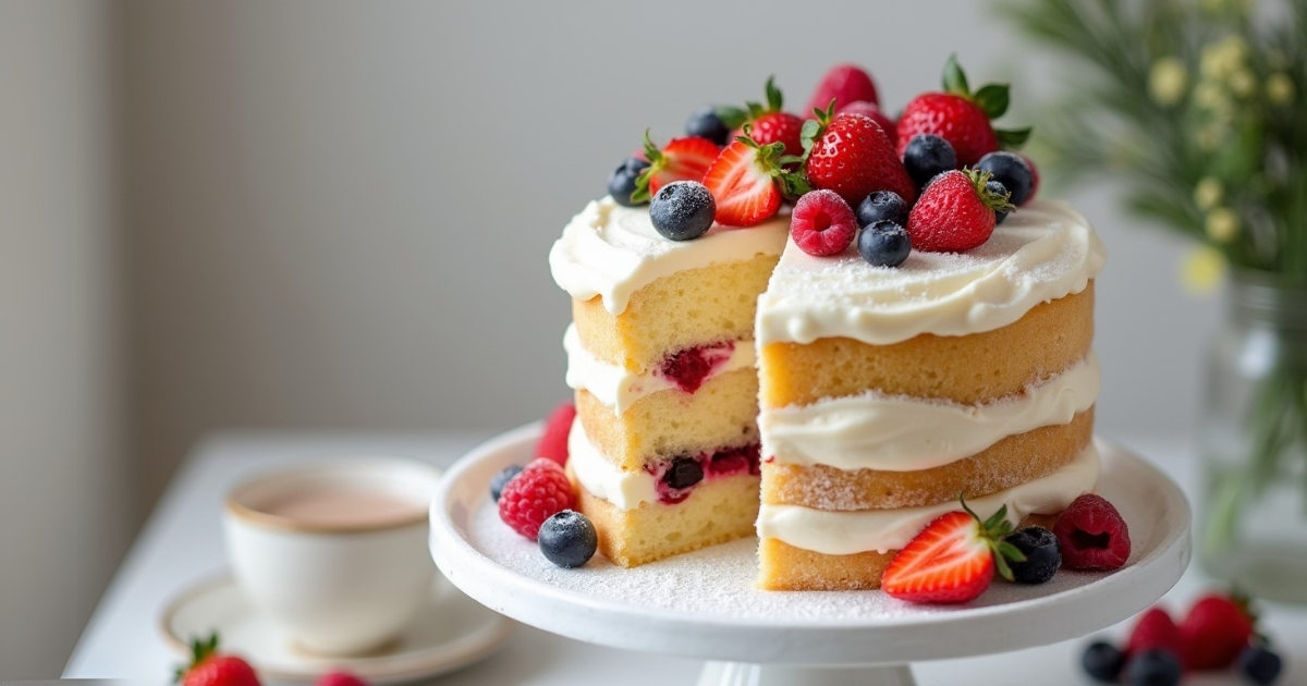 Chantilly cake with vanilla layers, cream frosting, and fresh berries on top