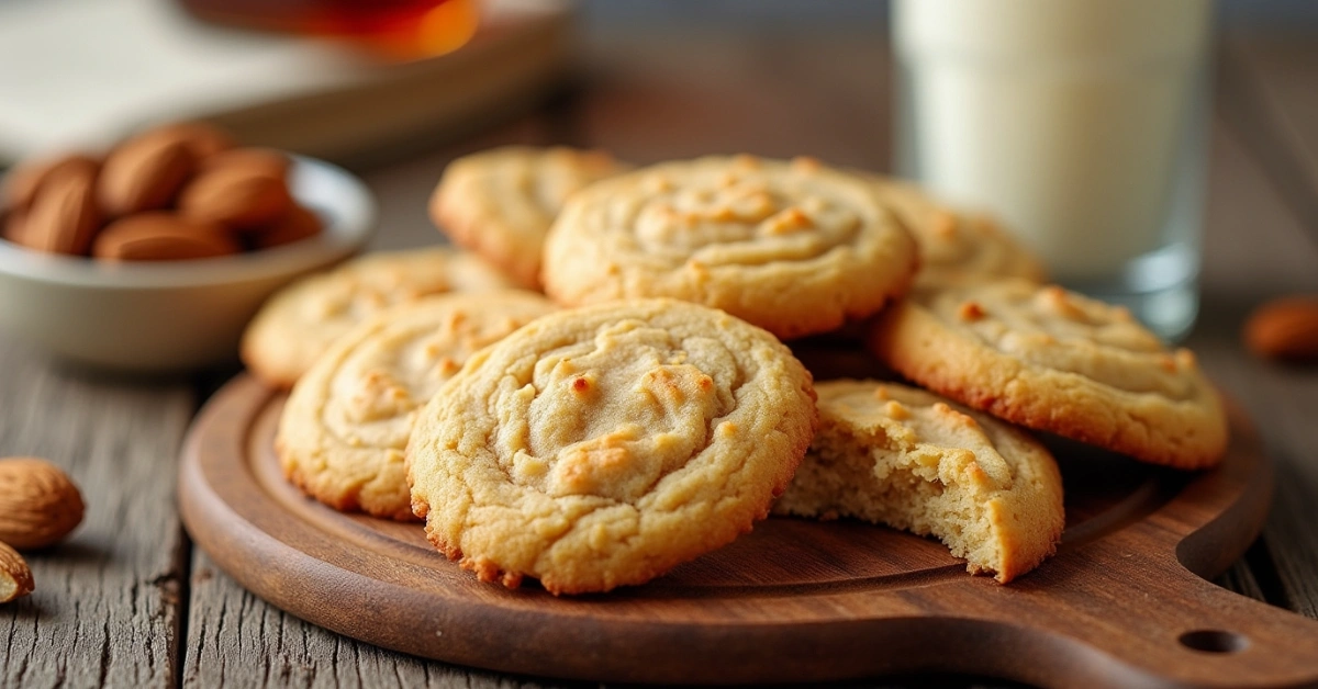 Golden vegan almond cookies with glass of almond milk