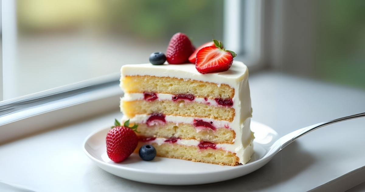 Slice of Chantilly cake with fresh berries