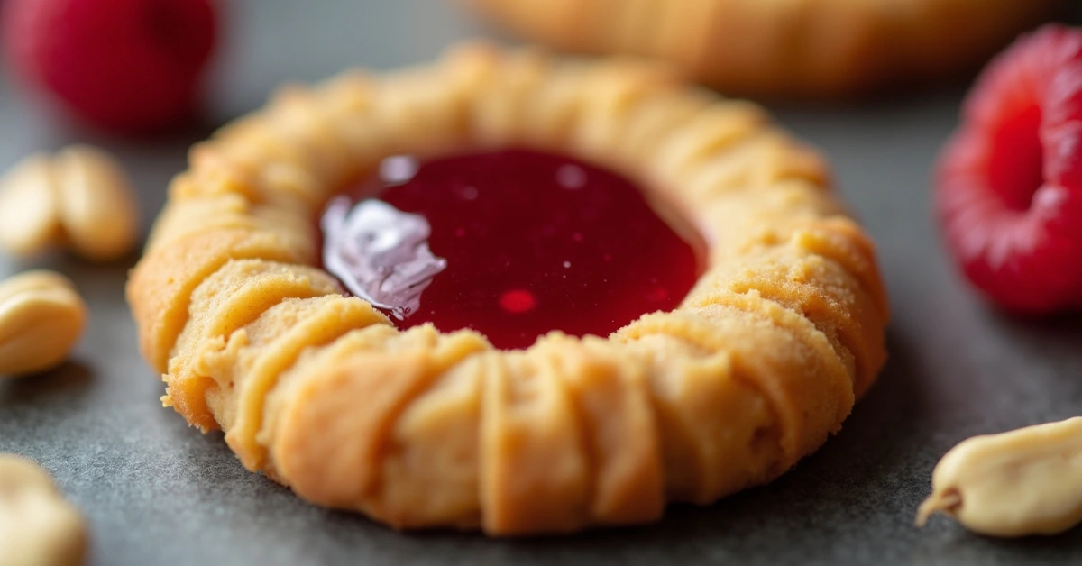 Peanut butter cookie with raspberry jam center. 