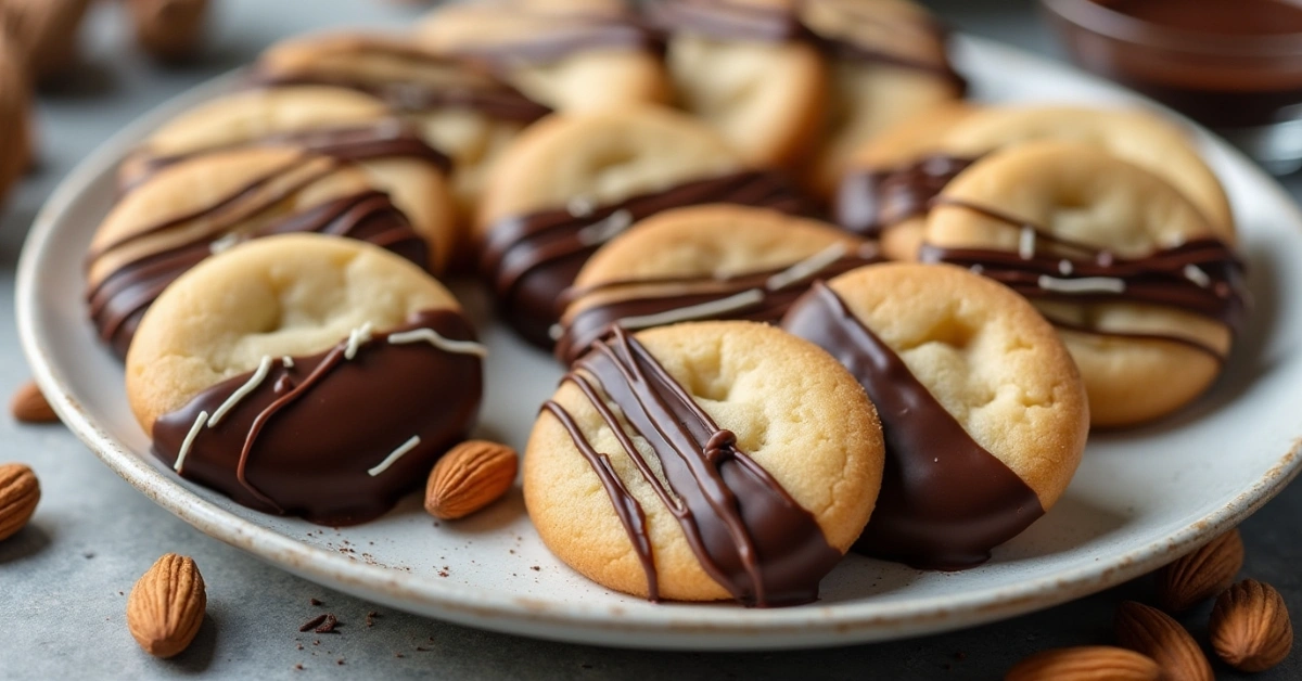 Half-dipped chocolate almond cookies with drizzled decoration