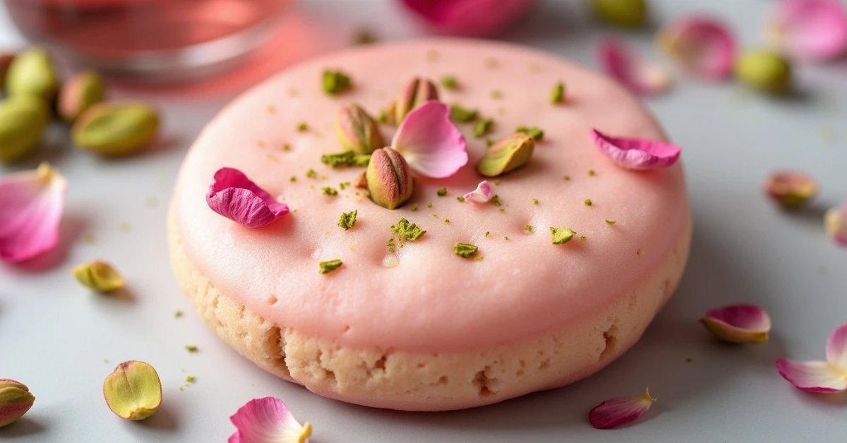 Pale pink cookie with pistachios and rose petals.