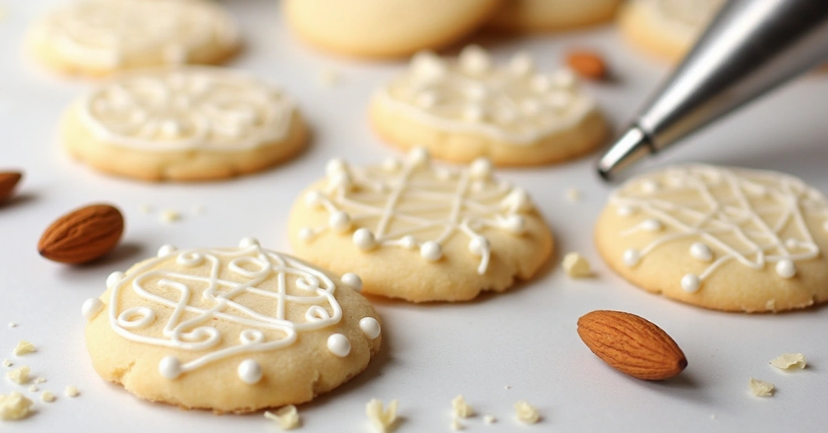 Decorated almond flour sugar cookies with royal icing designs