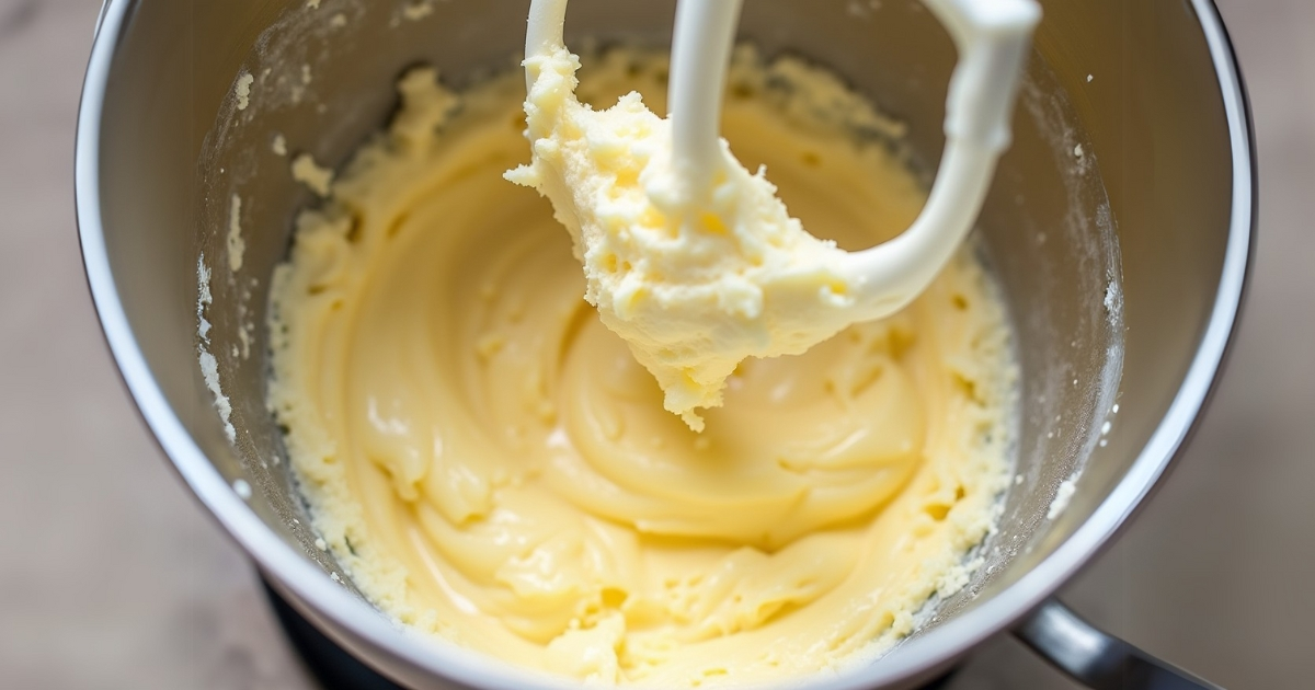 Whipped Chantilly cream frosting in a mixing bowl