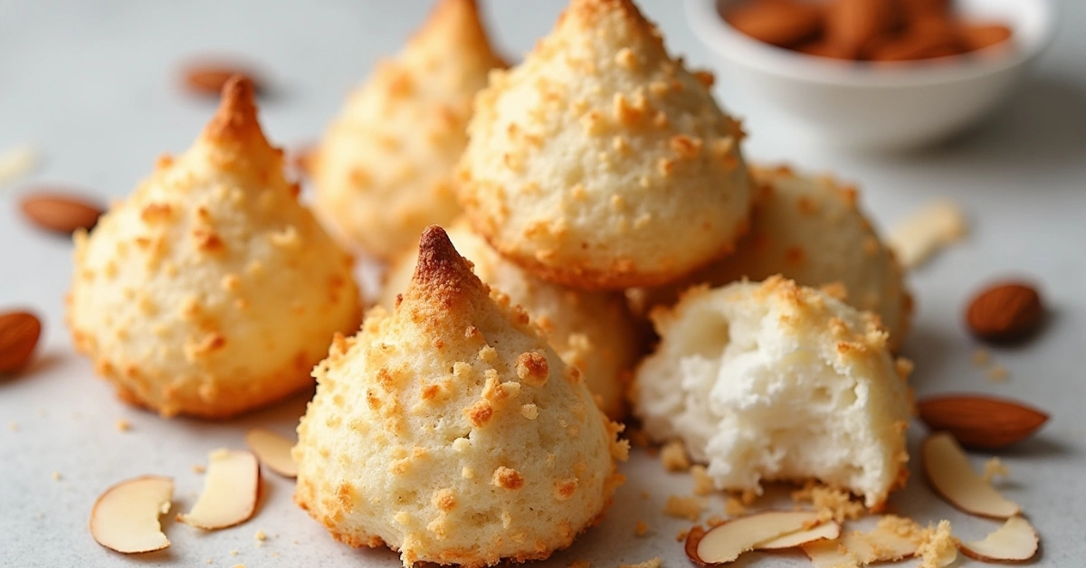 Golden-topped almond coconut macaroons with toasted edges