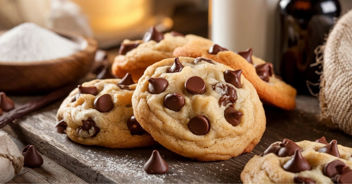 Golden cookies with melted chocolate on wooden board