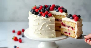 Berry Chantilly Cake topped with fresh berries on a cake stand.