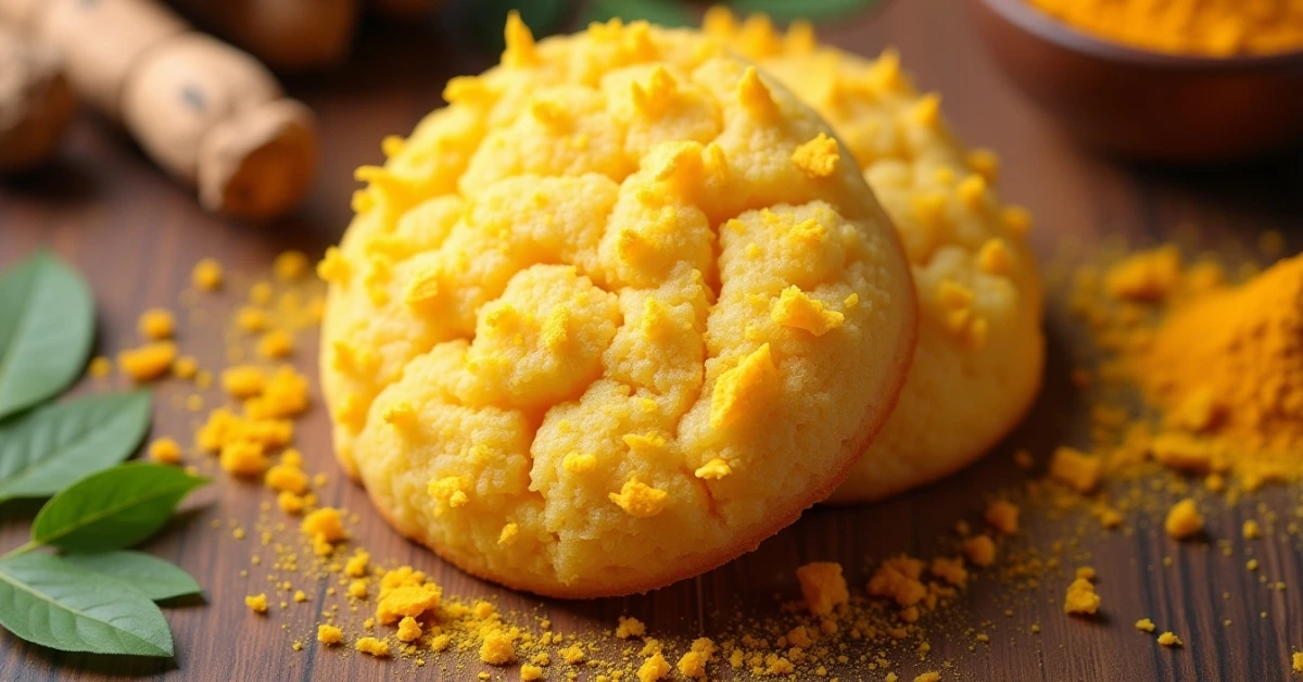 Golden coconut curry cookie with textured surface. 