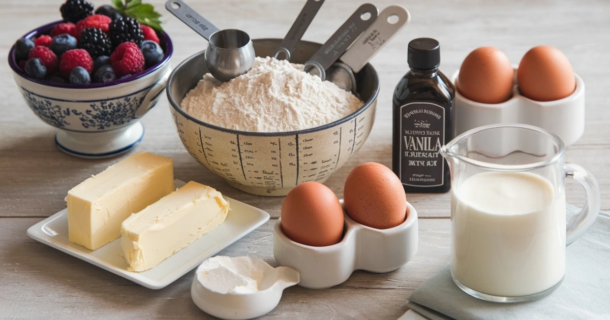 Ingredients for Berry Chantilly Cake on a marble countertop