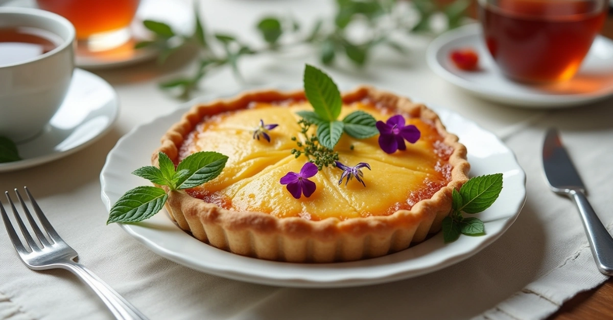 Impossible pie recipe served with mint and edible flowers.