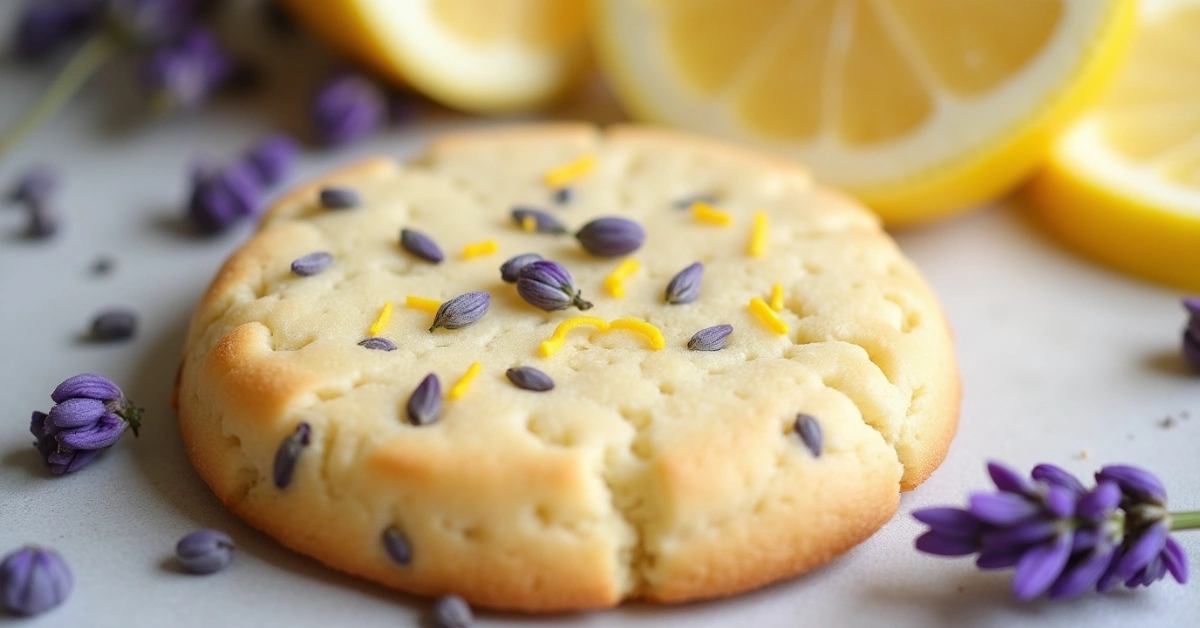 Golden lavender lemon cookie with sugary coating.