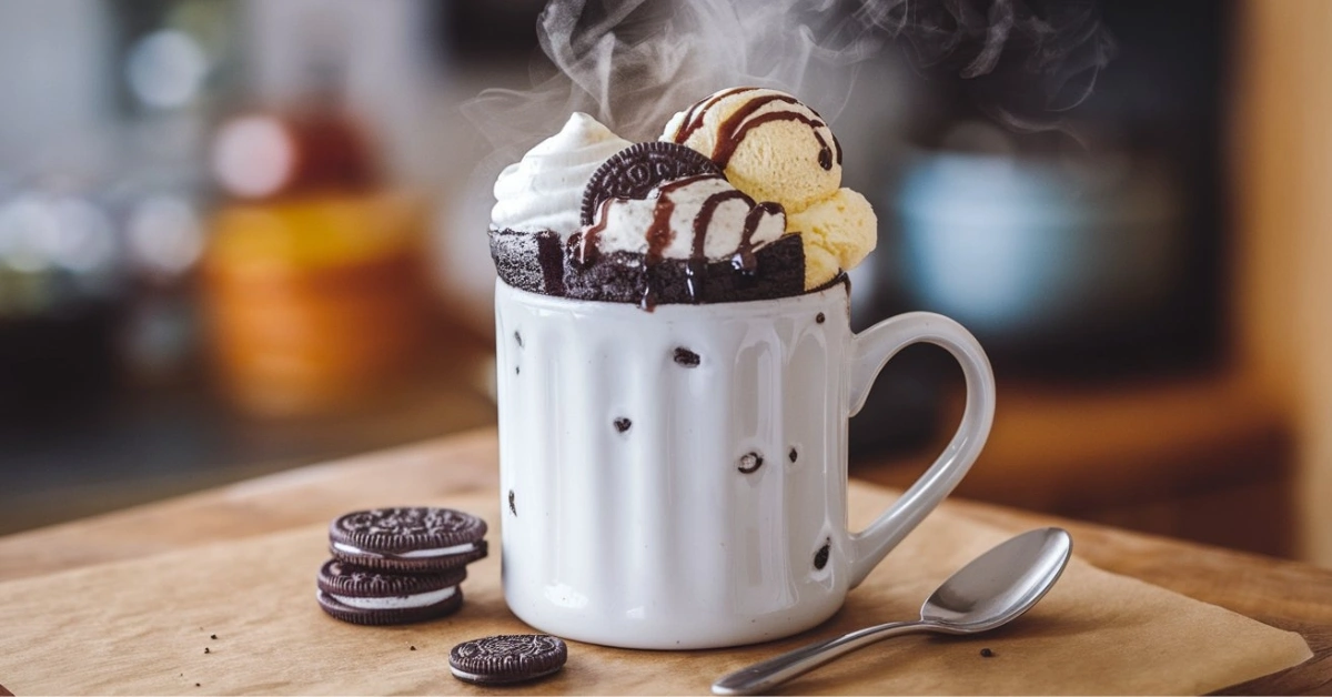 Oreo mug cake recipe topped with ice cream and whipped cream.