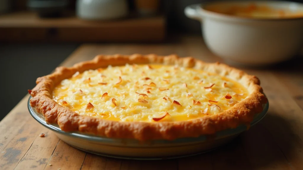 Freshly baked coconut custard pie recipe showcasing golden crust and coconut flakes in a warm kitchen setting