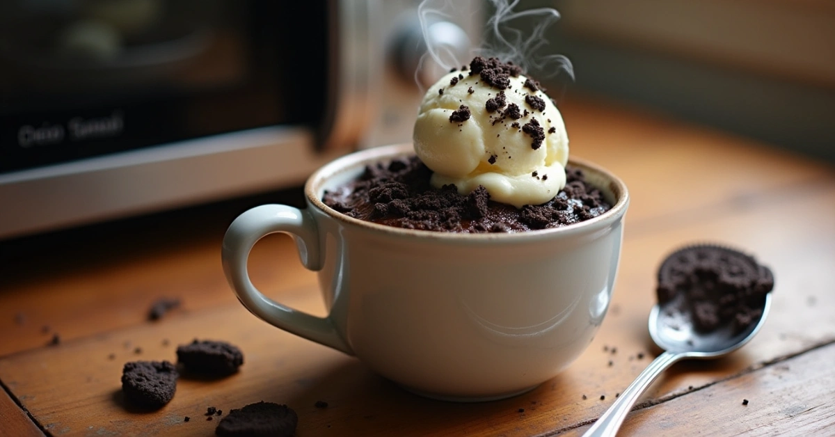 Oreo mug cake recipe with ice cream and whole cookies