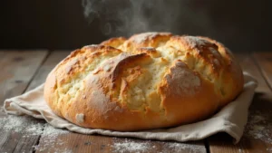 Fresh cottage cheese bread recipe with steam from golden crust