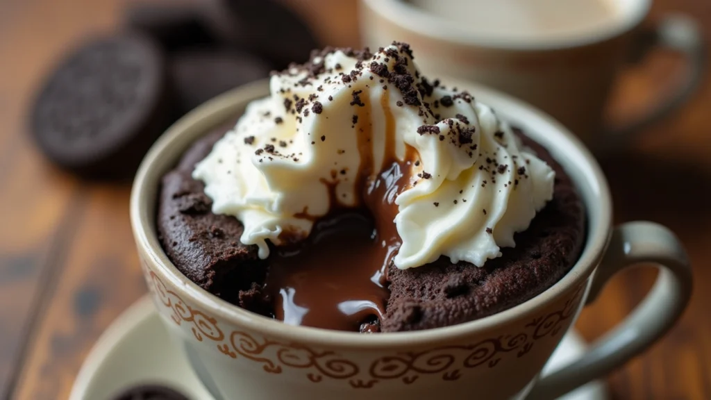 Oreo mug cake recipe with whipped cream and coffee