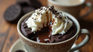 Oreo mug cake recipe with whipped cream and coffee