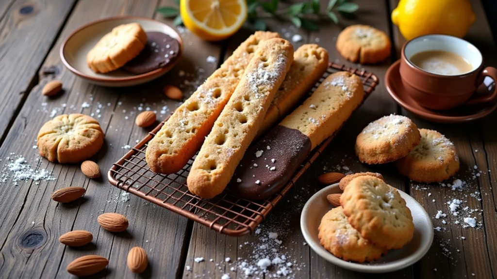 Rustic display of homemade almond cookies recipes.