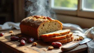 Date nut bread recipe result: steaming loaf with ingredients