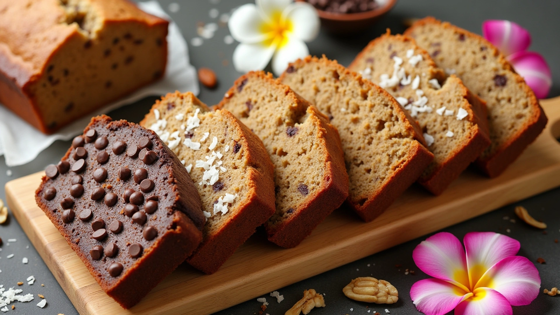 Diverse Hawaiian banana bread slices with toppings