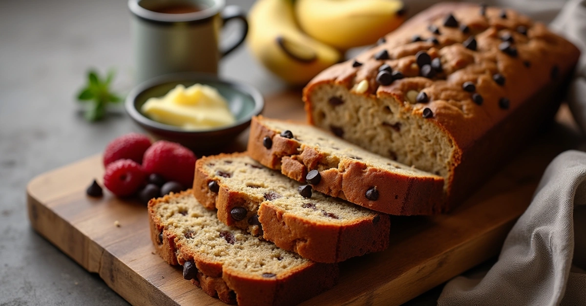 Rustic banana bread slices with nuts on wooden board