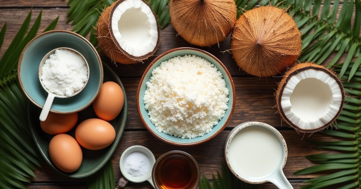 Coconut bread ingredients on rustic wooden table