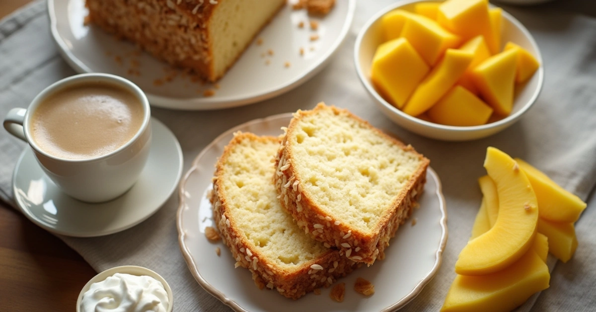 Coconut bread with fruits, coffee, and whipped cream