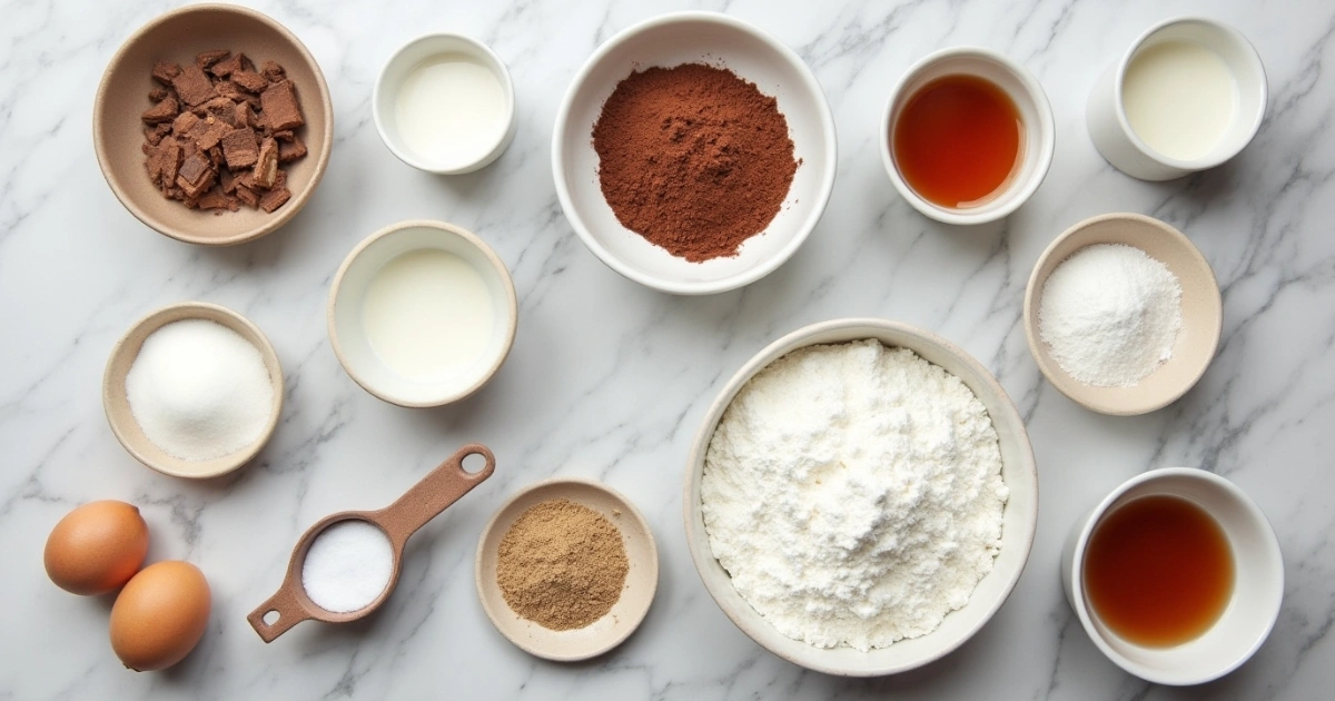 Chocolate pudding cake ingredients on marble countertop